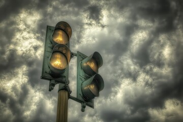 . A close-up of a traffic light pole with all three lights visible, framed by cloudy skies.
