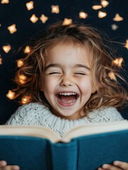 Close-up of a young girl with curly hair, joyfully laughing while reading a book, surrounded by soft glowing bokeh lights, conveying excitement and happiness
