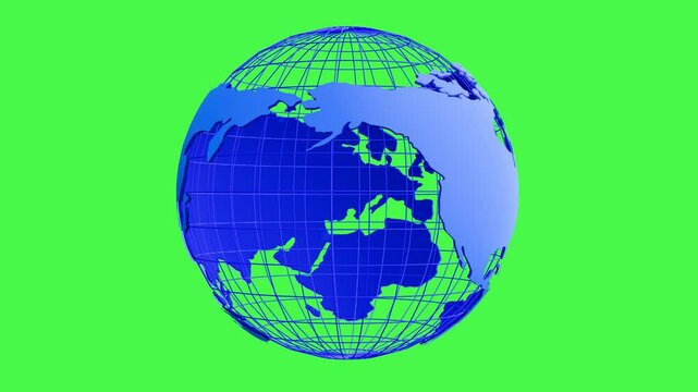 A simple rotating green neon wireframe globe with 3D world map on transparent greenback background created by procedural geometric 3D modeling seamless looping cartography animation.