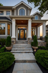 Luxury Home Exterior: Modern Architectural Design with Stone Facade and Landscaped Entrance