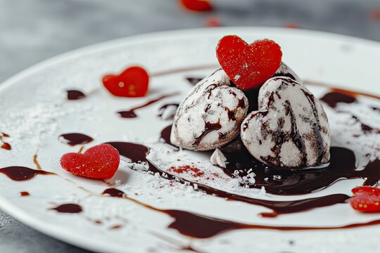 D&eacute;licieux dessert en forme de c&oelig;ur, d&eacute;cor&eacute; de sauce chocolat et de sucre glace, parfait pour la Saint-Valentin.