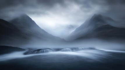 Misty mountain stream, valley fog, dramatic sky, Iceland landscape, nature photography