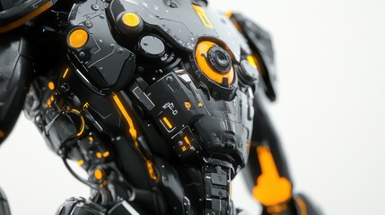 Futuristic robot torso, orange accents, white background, sci-fi concept
