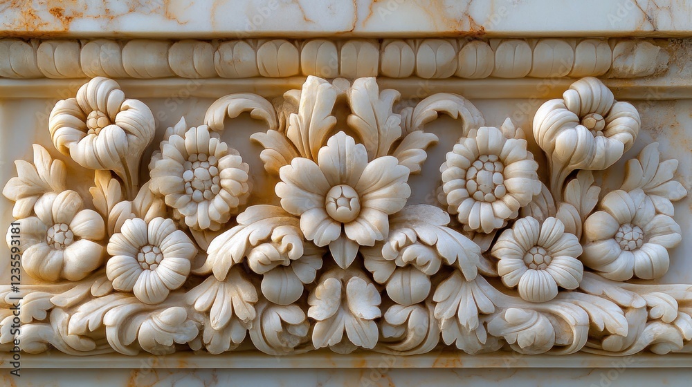 Wall mural Intricate marble floral carving, building facade, sunny day, design element