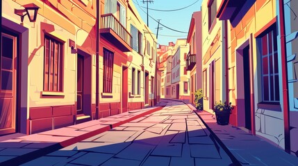 Fototapeta premium Sunlit Mediterranean Street Scene: Narrow Cobblestone Alleyway with Colorful Buildings