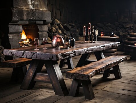 Table rustique en bois massif avec bancs devant une chemin&eacute;e allum&eacute;e, ambiance chaleureuse m&eacute;di&eacute;vale.
