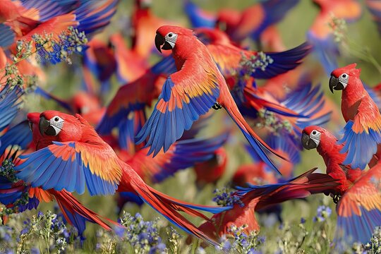 Une vol&eacute;e de aras &eacute;carlates aux couleurs vives s'envole dans un ciel ensoleill&eacute;, cr&eacute;ant une sc&egrave;ne naturelle vibrante.