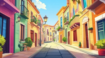 Fototapeta premium Colorful Mediterranean Street Scene With Buildings And Plants