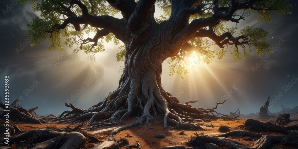 Canvas Prints a tree with roots stretching into the void of a black hole, its trunk thick and gnarled with age , r