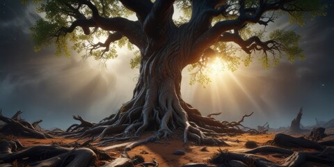 A tree with roots stretching into the void of a black hole, its trunk thick and gnarled with age , roots, universe, darkness