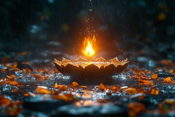 Rain, fire, lotus, bowl, dark, fantasy, meditation, peace