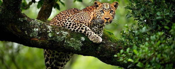 Big cat, leopard, jaguar, spotted feline, tree branch, lush green foliage, jungle, rainforest, dappled sunlight, wildlife photography