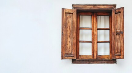 Fototapeta premium Rustic wooden window, open shutters, white wall, sunny day, home decor