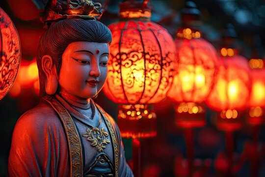 Statue de Bouddha paisible dans un d&eacute;cor de lanternes rouges illumin&eacute;es, &eacute;voquant la spiritualit&eacute; et la culture asiatique.