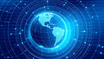 digital globe, Earth, hologram, blue technology background, binary code, futuristic interface, global network, data connections, circular design, glowing nodes, cybersecurity concept, digital transfor