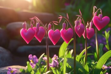 Seven heart-shaped pink flowers in garden at sunrise.