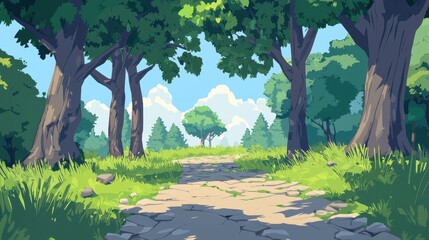 Stone Path Winding Through Lush Green Summer Forest