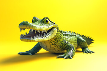 Fototapeta premium crocodile on a yellow background, crocodile on a blank yellow background, a crocodile, crocodile, cute crocodile, yellow background, Copy Space For Add Text 3D Rendering, 3D, Vector, AI Generative