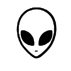 Black outline drawing of extraterrestrial alien head