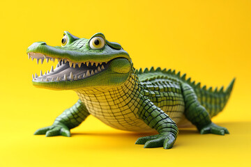 Fototapeta premium crocodile on a yellow background, crocodile on a blank yellow background, a crocodile, crocodile, cute crocodile, yellow background, Copy Space For Add Text 3D Rendering, 3D, Vector, AI Generative