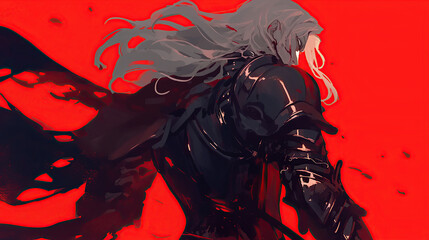 warrior with armor white hair isolated red background