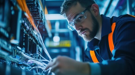 A telecommunications technician installing fiber optic cables in a data center, with servers and networking equipment in the background, Data center scene
