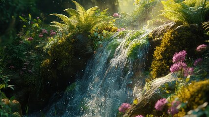 Obraz premium Sunlit waterfall cascading through lush forest, floral foreground