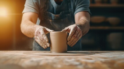 Hands Shaping Clay on Pottery Wheel in a Studio