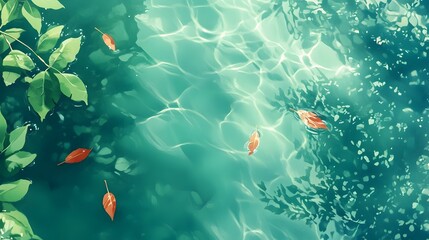 Tranquil Water Surface with Autumn Leaves in Bright Sunlight