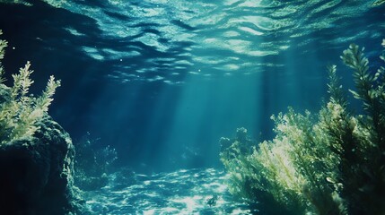 Peaceful Underwater Scene with Sunlight and Vibrant Sea Vegetation