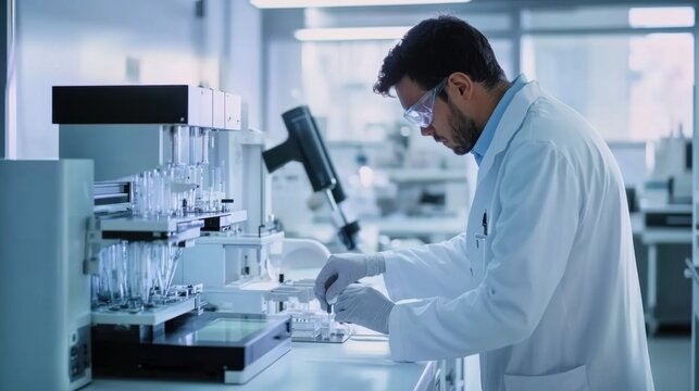 A textile engineer testing fabric strength in a modern lab, with testing machines and fabric samples in the background, Textile lab scene