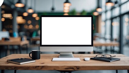 desktop computer monitor with a blank white screen on a wooden desk. The monitor is placed in the center of the desk and is facing towards the right side of the image.