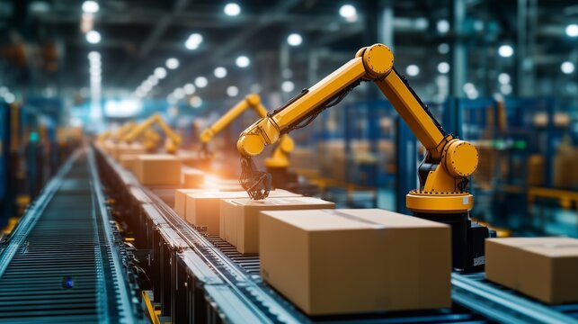 A robotic arm efficiently sorts and handles packages on a conveyor belt in a well-lit warehouse. The advanced automation enhances productivity and reduces manual labor during daytime hours.