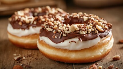 Chocolate glazed donuts with almonds, wooden table background, food photography