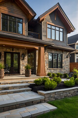 Fototapeta premium Luxury Modern Home Exterior with Stone and Wood Accents. Stunning architectural design, elegant landscaping, and a spacious front porch create a welcoming and sophisticated atmosphere.