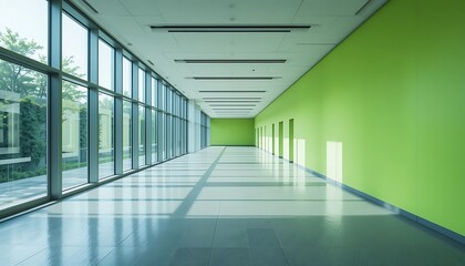 Fototapeta premium Modern Office Corridor With Green Walls And Large Windows