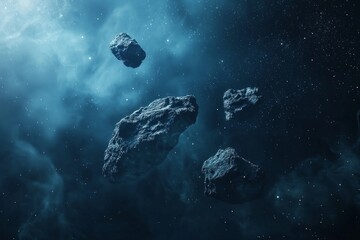 Obraz premium A few floating rocks in space, a dark blue and black color gradient, cinematic lighting, and a smoke background. 