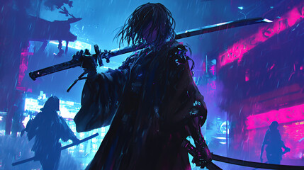 anime samurai cyberpunk with katana with vibrant background