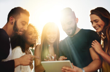 Outdoor, laughing or friends on tablet for funny joke, online meme or news to relax urban street. Happy, lens flare or people on technology for vacation, social media humor or comedy blog together