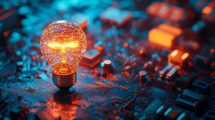 Illuminated light bulb on circuit board.