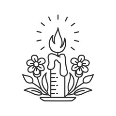 Burning candle and flowers icon isolated vector illustration.