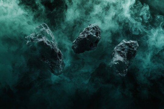 A few floating rocks in space, a dark green and black color gradient, cinematic lighting, and a smoke background. 