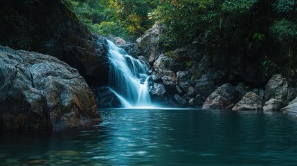 Fototapeta premium Serene waterfall cascading into tranquil pool, lush jungle backdrop; nature travel