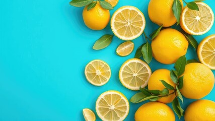 A vibrant display of fresh lemons against a striking blue background, healthy, skincare