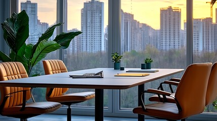 Modern office meeting room with city skyline at sunset, featuring plants and a sleek table setup