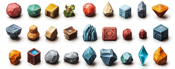 Geometric stone designs 3d models from an art studio's overhead view