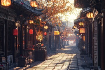 Obraz premium Sunlit autumn alleyway in a historic Chinese town with traditional architecture, lanterns, and foliage.