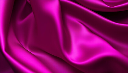 Fototapeta premium Luxurious magenta silk fabric, smooth texture, deep folds, shimmering satin, vibrant pink-purple hue, elegant drapery, soft lighting, close-up detail, high contrast, glossy surface, rich color saturat