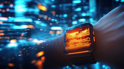 Futuristic smartwatch displaying vibrant data visuals against a blurred cityscape background