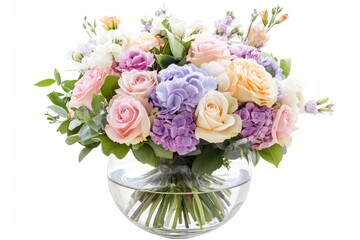 Obraz premium A charming bouquet of pastel flowers arranged in a round glass vase, perfect for a wedding or celebration.